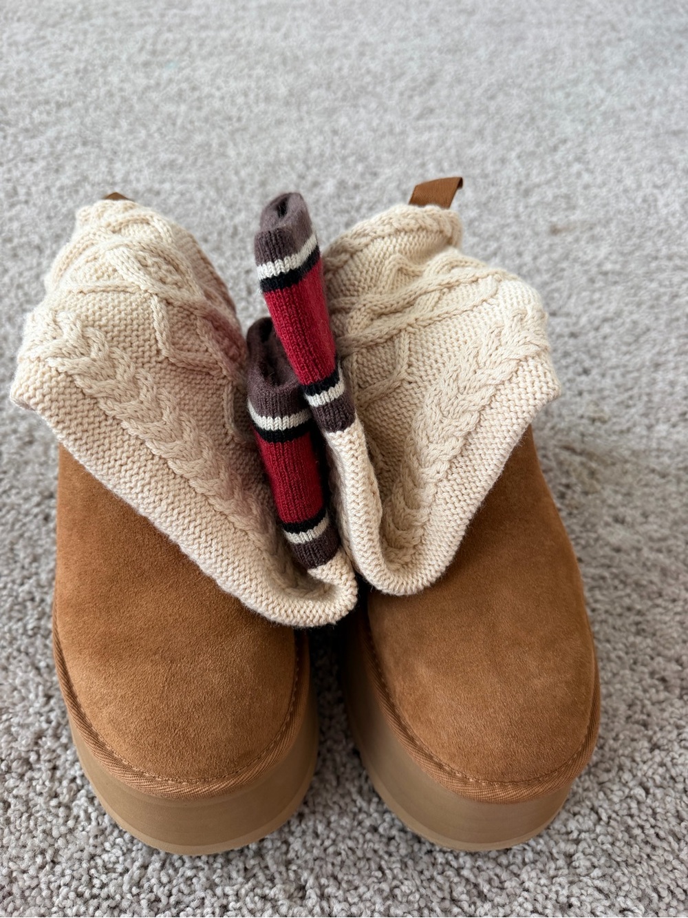 Kids Cozy Knit Cuff Suede Boot - Cream & Brown
